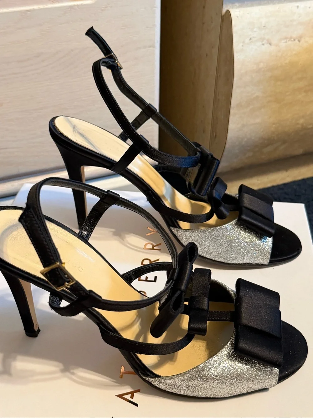 kate spade Black Satin Bow Silver Glitter Strappy Heels